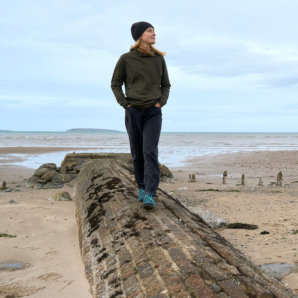 Womens Merino 260 Lounge Hoodie (Dark Olive) | Model: Cat