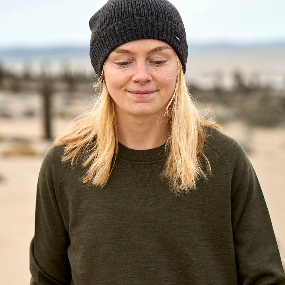 Womens Merino 260 Lounge Sweatshirt (Dark Olive) | Model: Cat