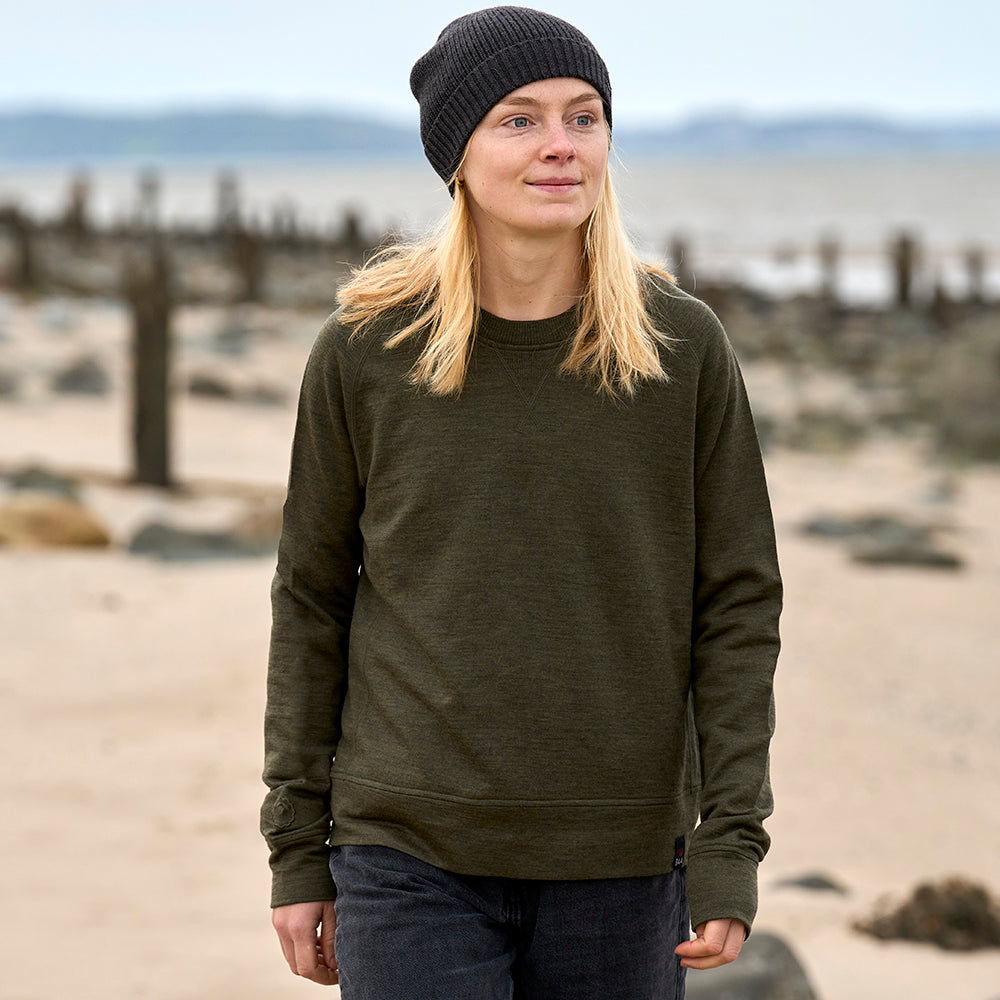 Womens Merino 260 Lounge Sweatshirt (Dark Olive) | Model: Cat