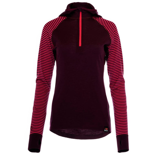 Isobaa | Womens Merino 200 Zip Neck Hoodie (Stripe Wine/Fuchsia) | The ultimate 200gm Merino wool hoodie.