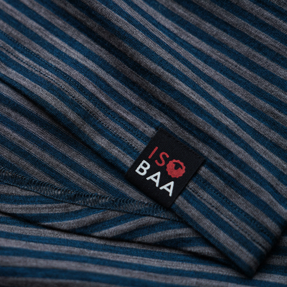 Isobaa | Womens Merino 150 Short Sleeve Crew (Stripe Petrol/Charcoal) | Gear up for performance and comfort with Isobaa's technical Merino short-sleeved top.