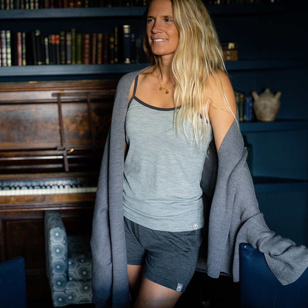 Isobaa | Womens Merino Blend 200 PJ Shorts (Smoke Melange) | Discover breathable comfort with our Merino blend shorts. | Model: Amy