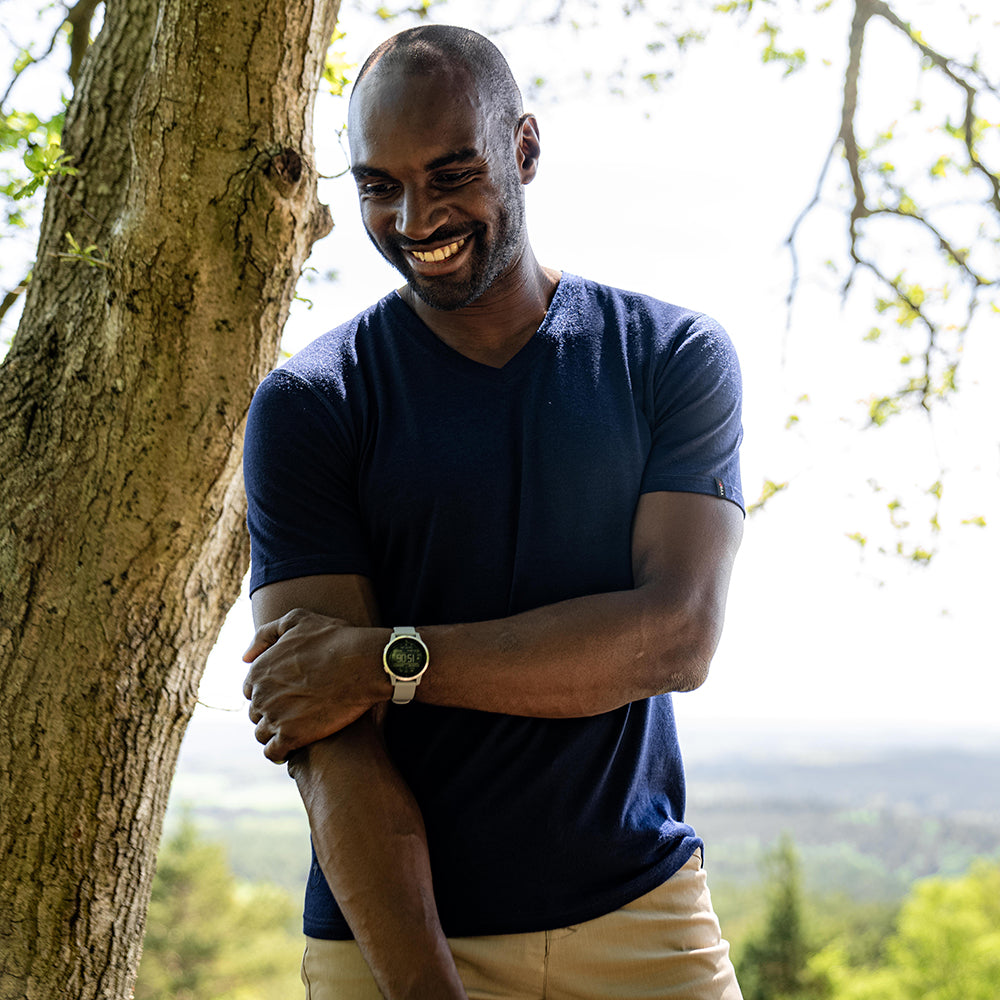 Isobaa | Mens Merino 150 V-Neck Tee (Navy) | Embark on new adventures with Isobaa's superfine Merino V-neck Tee. | Model: Michael