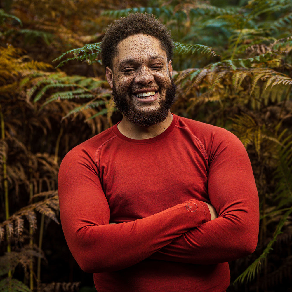 Isobaa | Mens IsoSoft 180 Long Sleeve Crew (Burnt Orange) | The ultimate adventure top. | Model: Shaquille