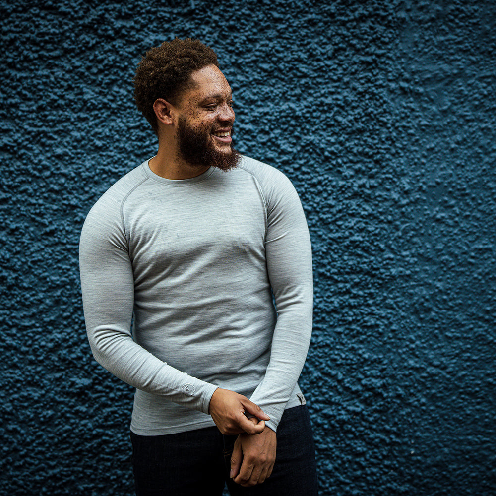 Isobaa | Mens IsoSoft 180 Long Sleeve Crew (Cloud) | The ultimate adventure top. | Model: Shaquille