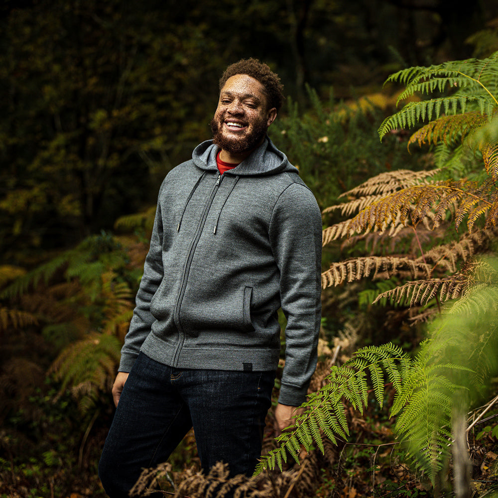 Isobaa | Mens LUX Hoodie (Smoke/Charcoal) | Discover the pinnacle of comfort with Isobaa's 100% Merino double-knit hoodie. | Model: Shaquille