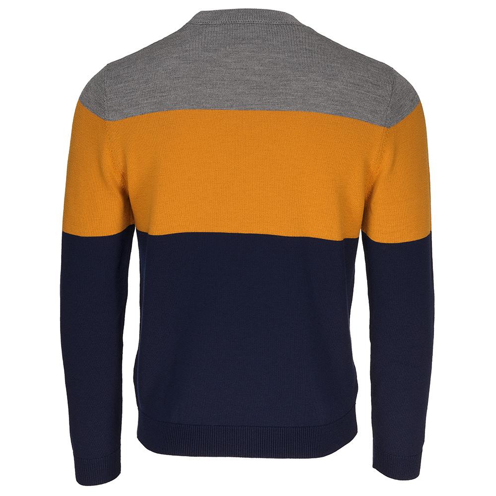 Isobaa | Mens Merino Block Stripe Sweater (Navy/Mustard/Charcoal) | Discover effortless style and exceptional comfort with our  extrafine 9-gauge Merino wool crew neck sweater.