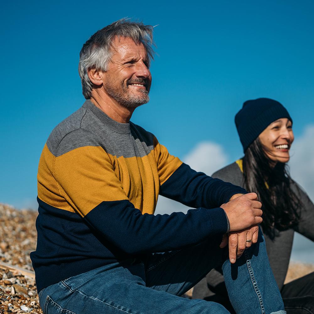 Isobaa | Mens Merino Block Stripe Sweater (Navy/Mustard/Charcoal) | Discover effortless style and exceptional comfort with our  extrafine 9-gauge Merino wool crew neck sweater. | Model: Simon