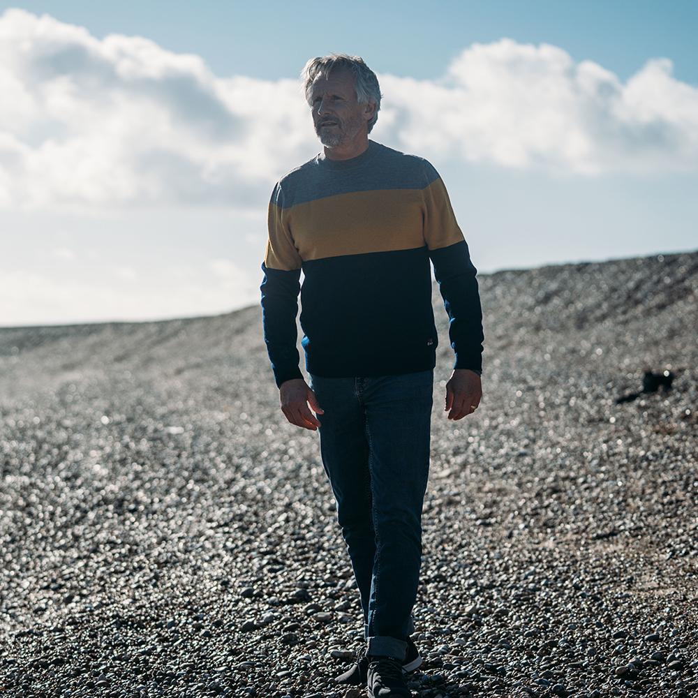 Isobaa | Mens Merino Block Stripe Sweater (Navy/Mustard/Charcoal) | Discover effortless style and exceptional comfort with our  extrafine 9-gauge Merino wool crew neck sweater. | Model: Simon