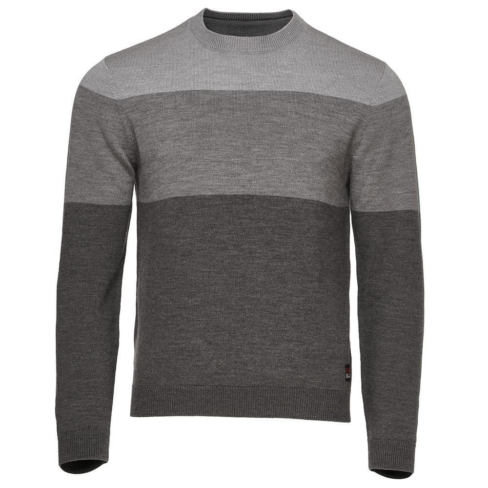 Isobaa | Mens Merino Block Stripe Sweater (Smoke/Grey/Charcoal) | Discover effortless style and exceptional comfort with our  extrafine 9-gauge Merino wool crew neck sweater.