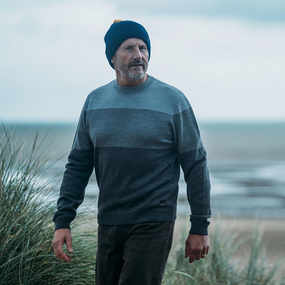 Isobaa | Mens Merino Block Stripe Sweater (Smoke/Grey/Charcoal) | Discover effortless style and exceptional comfort with our  extrafine 9-gauge Merino wool crew neck sweater. | Model: Simon