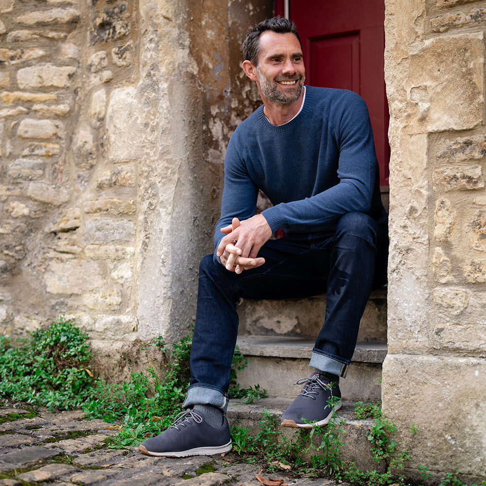 Isobaa | Mens Merino Moss Stitch Sweater (Denim/Navy) | Discover timeless style and outdoor-ready comfort with our extrafine Merino wool crew neck sweater. | Model: Ben