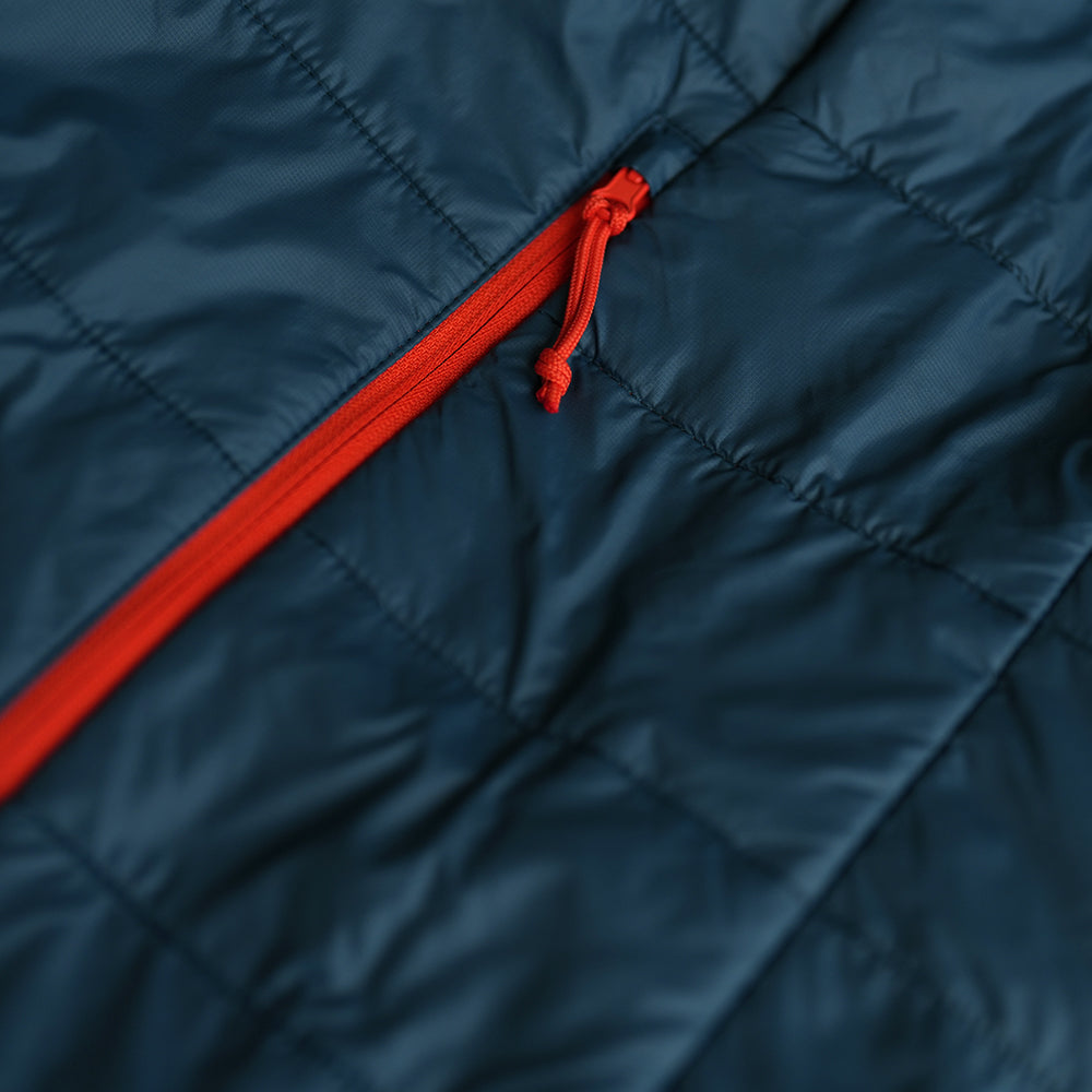 Isobaa | Mens Packable Insulated Jacket (Petrol/Orange) | Exceptional warmth, packable convenience, and sustainable design with our lightweight Merino wool jacket.