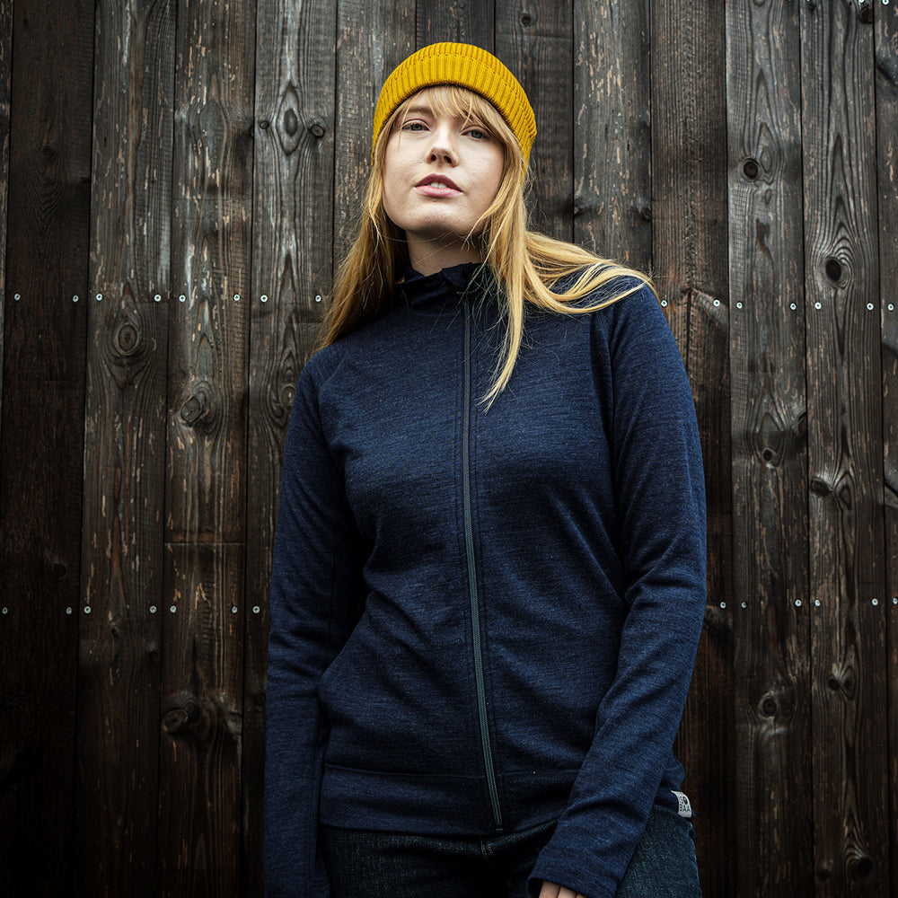 Isobaa | Womens IsoSoft 240 Hoodie (Navy) | For chilly trailheads, post-workout cool-downs, and cosy weekends. | Model: Natasha