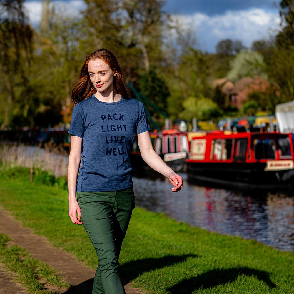 Isobaa | Womens Merino 150 Pack Light Tee (Denim) | Gear up for everyday adventures and outdoor pursuits with Isobaa's soft superfine Merino Tee. | Model: Sophie