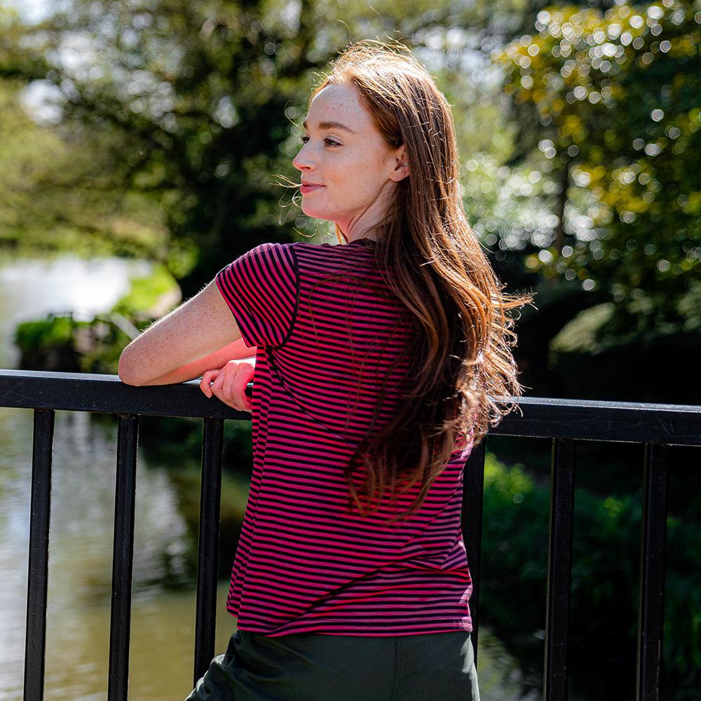 Isobaa | Womens Merino 150 Roll Sleeve Tee (Mini Stripe Wine/Fuchsia) | Our superfine Merino T-shirt performs everywhere from outdoor adventures to coffee dates. | Model: Sophie