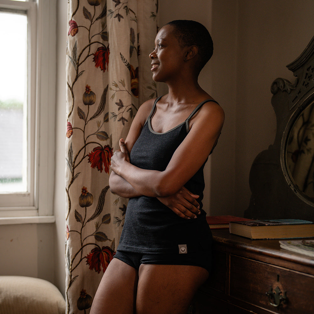 Isobaa | Womens Merino Blend 160 PJ Cami (Black Melange) | Indulge in cosy evenings and restful nights with Isobaa's Merino blend cami. | Model: Yolisa