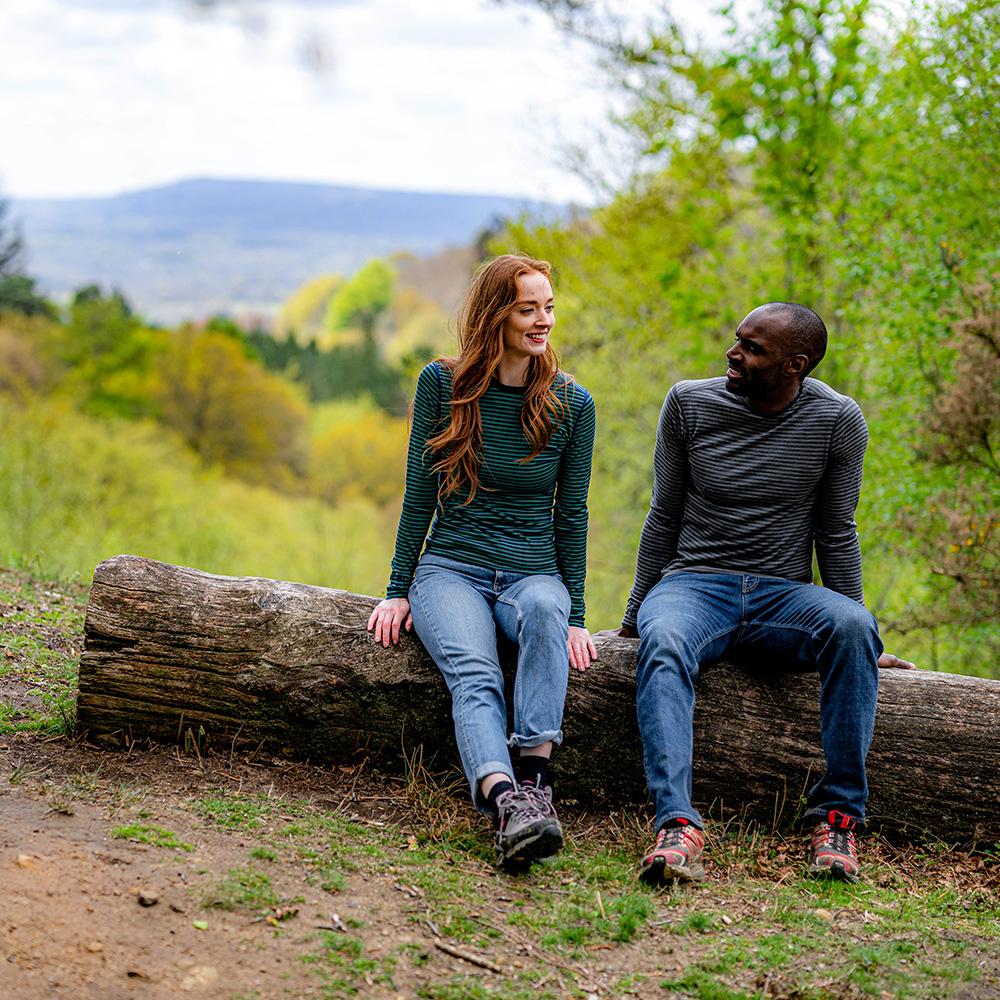 Isobaa | Womens Merino 180 Long Sleeve Crew (Mini Stripe Navy/Green) | Get outdoors with the ultimate Merino wool long-sleeve top. | Model: Sophie