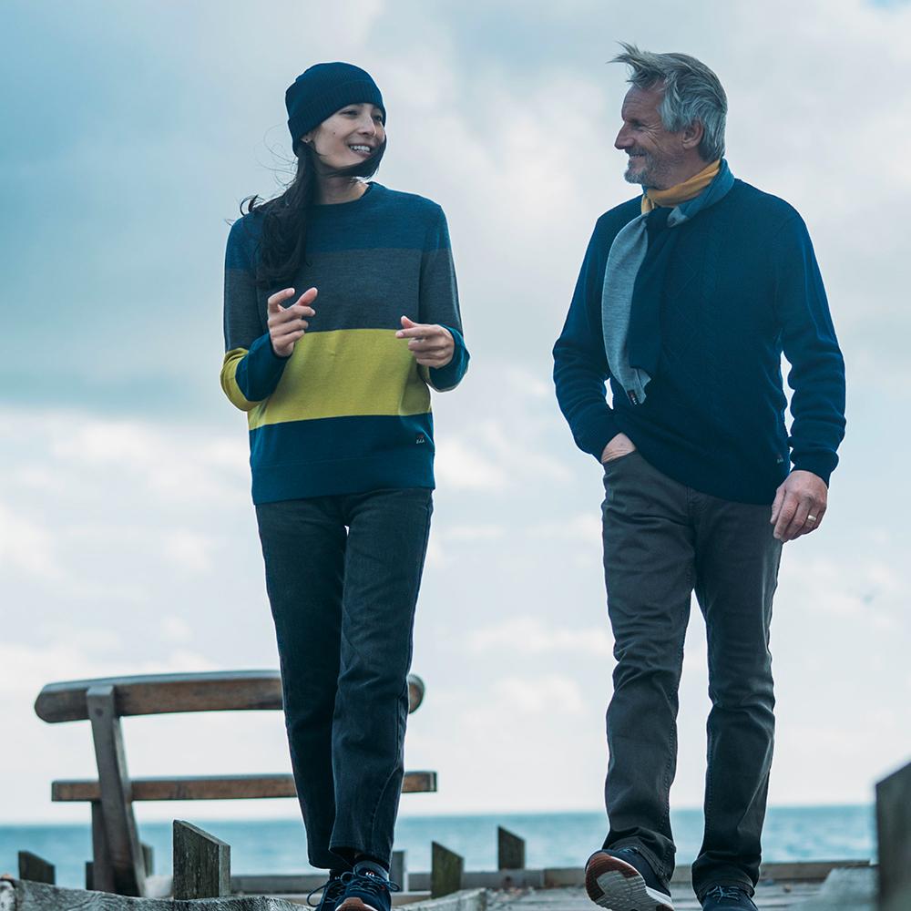Isobaa | Womens Merino Block Stripe Sweater (Denim/Smoke/Lime/Petrol) | Discover effortless style and exceptional comfort with our  extrafine 9-gauge Merino wool crew neck sweater. | Model: Jessica