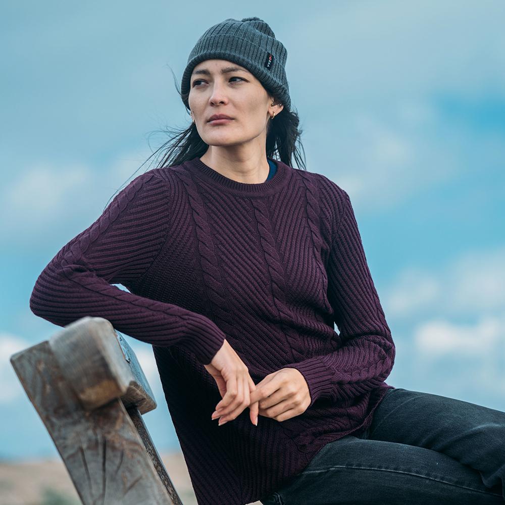 Isobaa | Womens Merino Cable Sweater (Wine) | Experience timeless style and outdoor-ready performance with our Merino wool crew neck sweater. | Model: Jessica