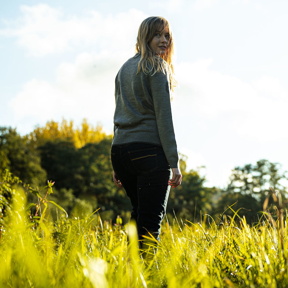 Isobaa | Womens Polka Dot Sweater (Charcoal/Smoke) | Discover the ultimate layering essential with Isobaa's extra-fine Merino crew neck sweater. | Model: Natasha