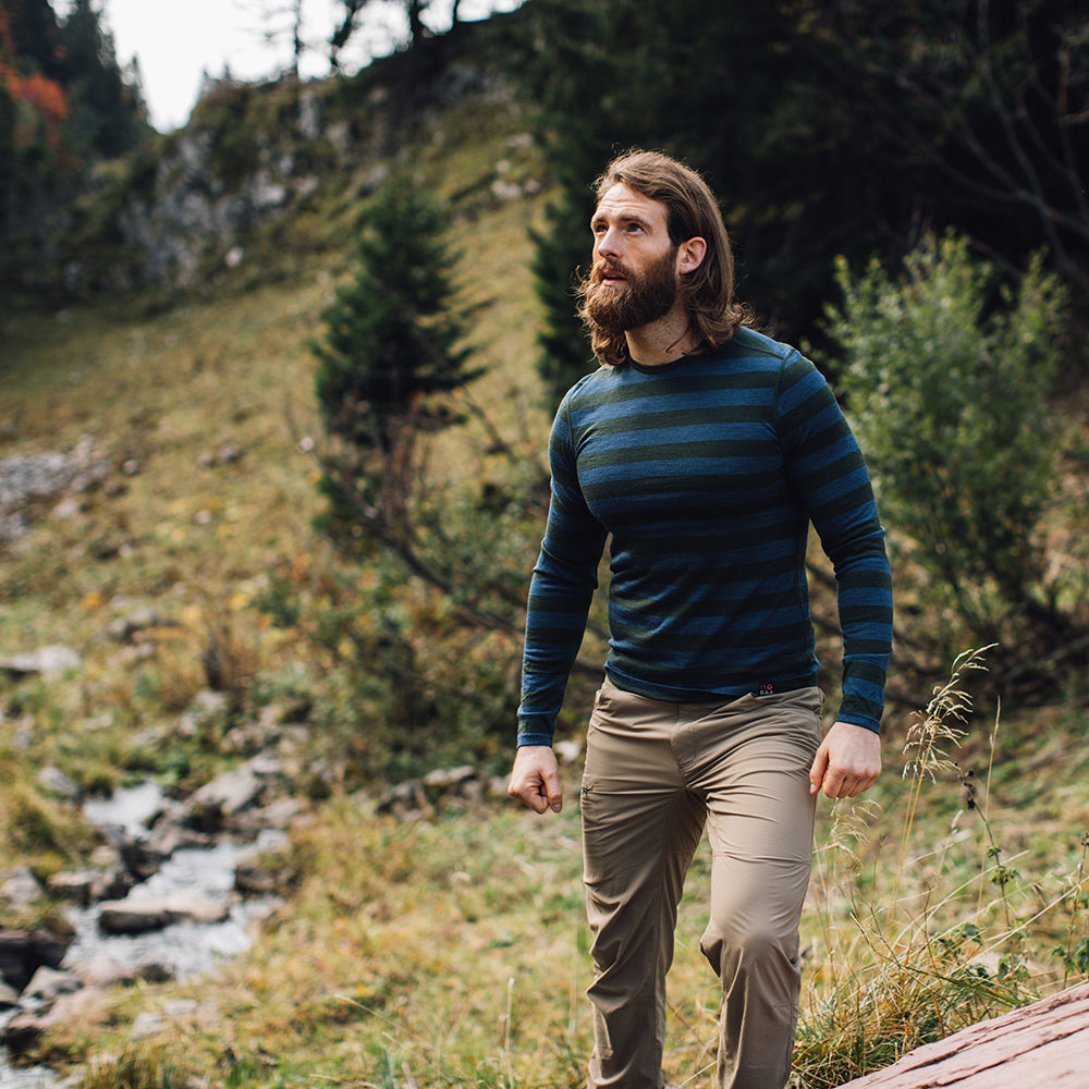 Isobaa | Mens Merino 180 Long Sleeve Crew (Forest/Denim) | Get outdoors with the ultimate Merino wool long-sleeve top. | Model: Craig