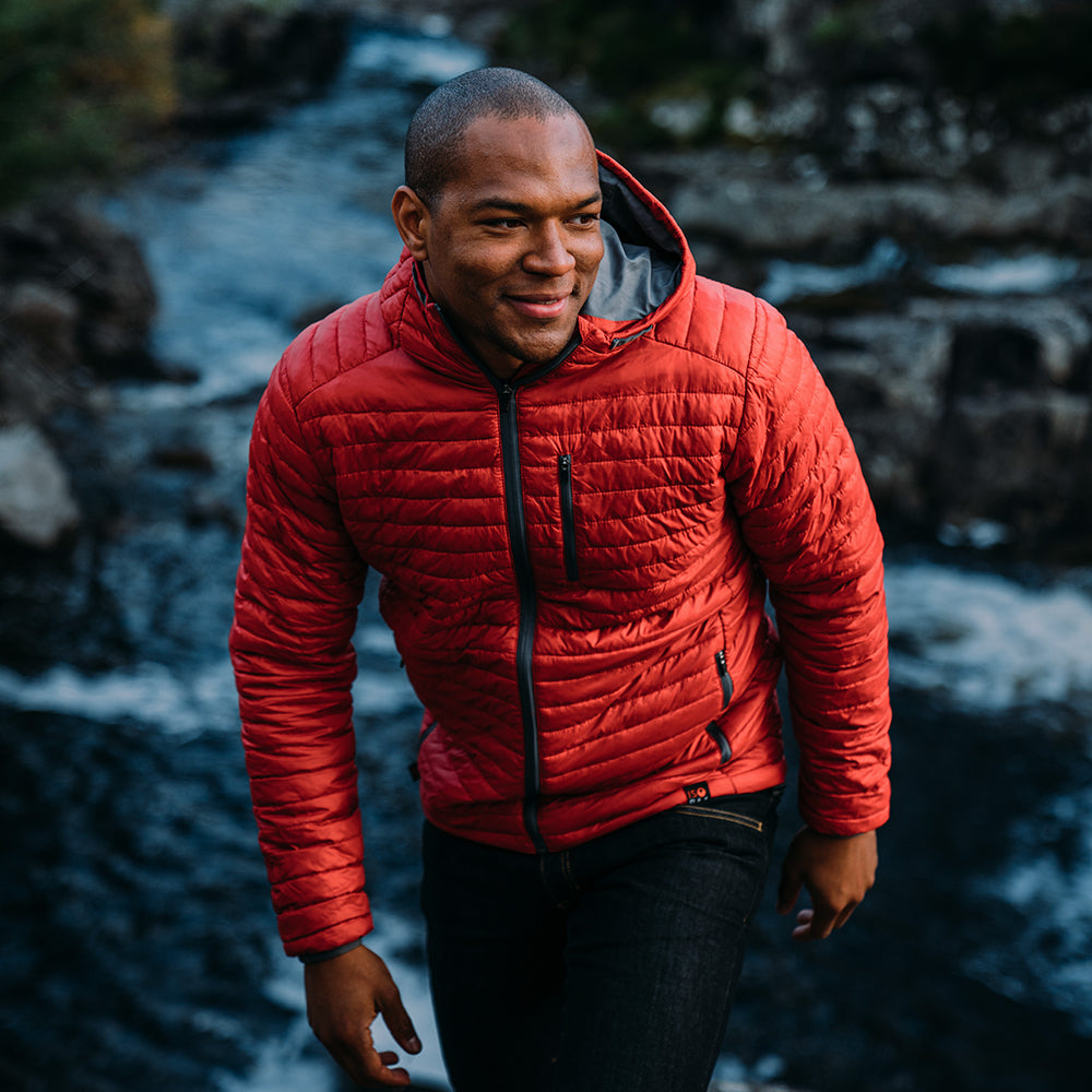 Isobaa | Mens Merino Wool Insulated Jacket (Red/Smoke) | Innovative and sustainable design with our Merino jacket. | Model: Edirin