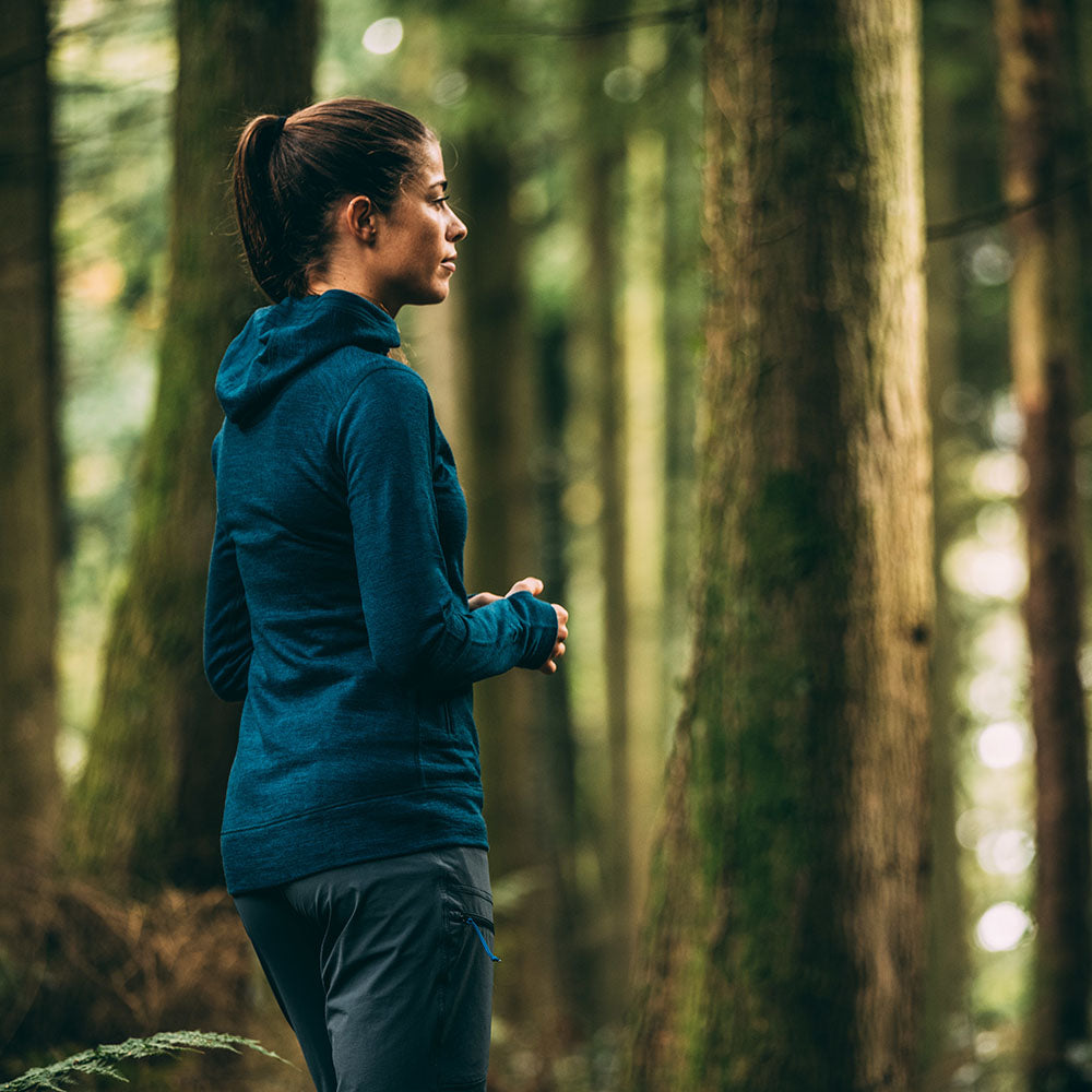 Isobaa | Womens Merino 260 Casual Hoodie (Petrol) | The best in warmth and versatility: Isobaa 260gm midweight Merino wool hoodie. | Model: Jess