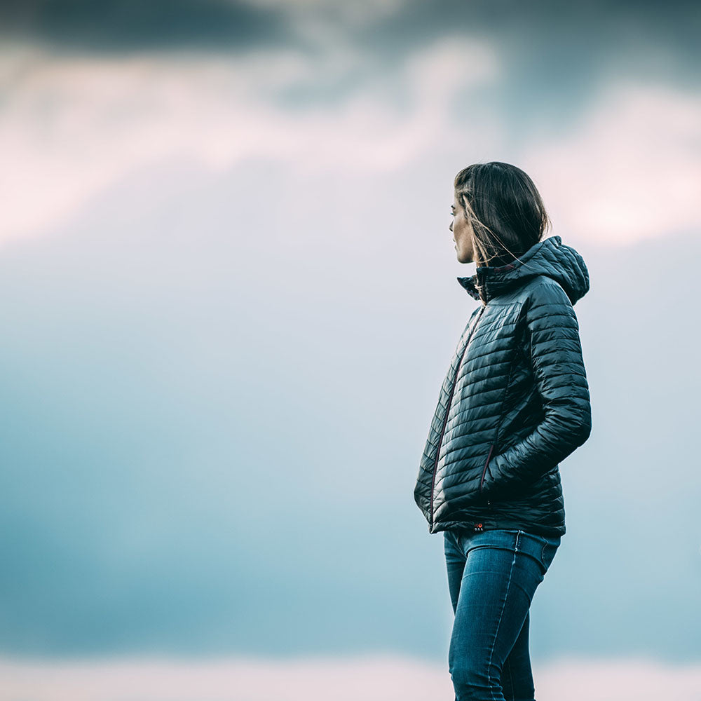 Isobaa | Womens Merino Wool Insulated Jacket (Black/Wine) | Innovative and sustainable design with our Merino jacket. | Model: Jess